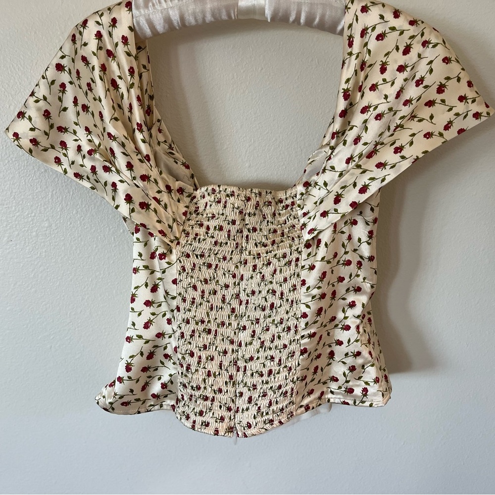 Reformation Madison Top - Silk Cream w/Floral Print Off Shoulder - Picture 4 of 16